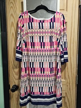 madison leigh Pink and Navy Geometric Midi Dress